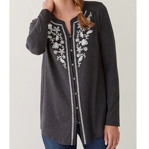 J.Jill Button Down Gray White Floral Embroidery Soft Cozy Peasant Top Size XL